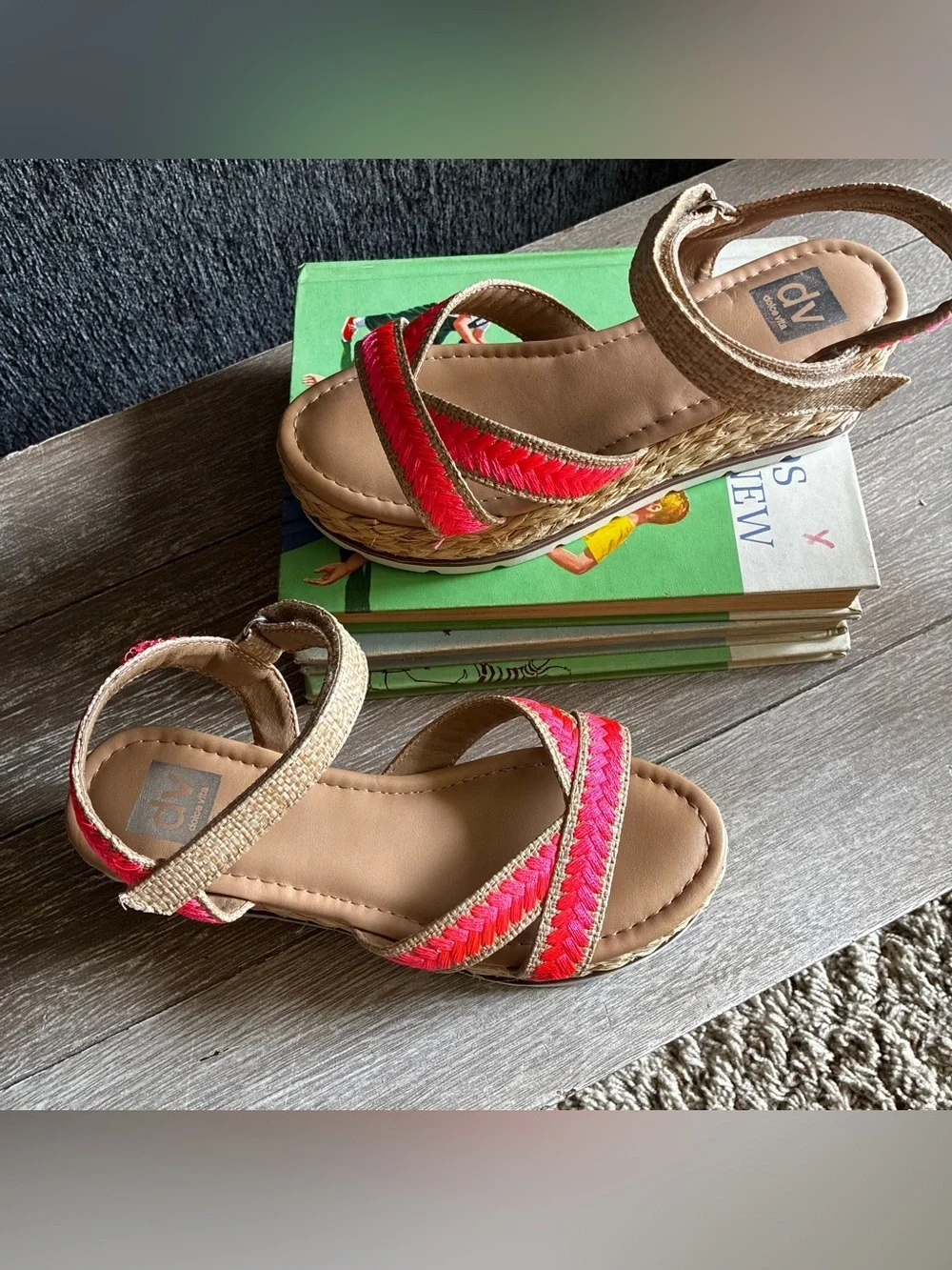 DV by Dolce Vita Girls Neon Pink and Tan Espadrille Wedge Sandals